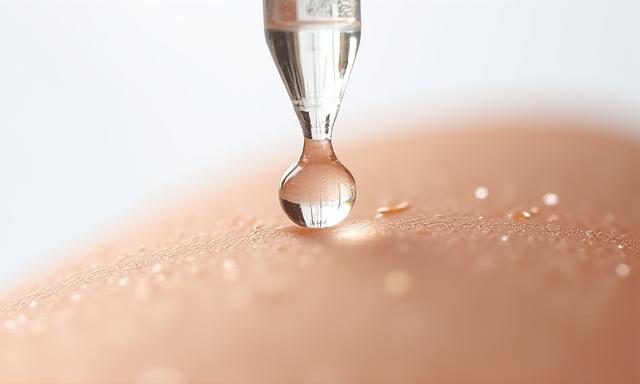 Nærbilde av en dråpe serum fra en pipette